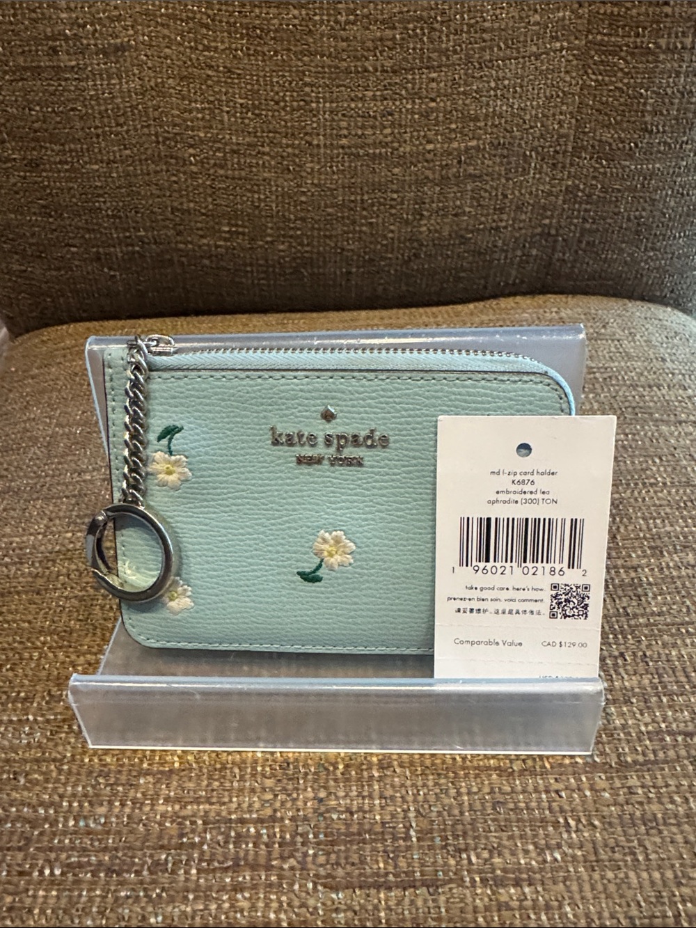 Kate spade floral embroidered L zip card holder wallet keychain NWT